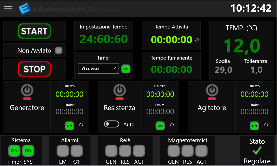 L'interface de l'unité à ultrasons : commandes de marche et d'arrêt, temps, températures et état des automatismes.