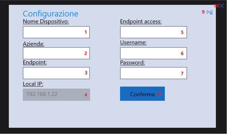 La pagina di configurazione del client: rete, chiavi e parametri di invio.