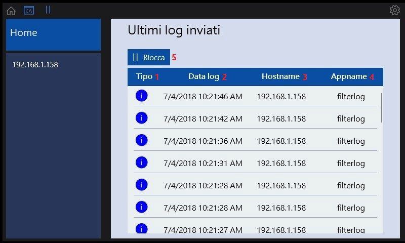 I log raccolti e spediti, mostrati in tempo reale sul client.